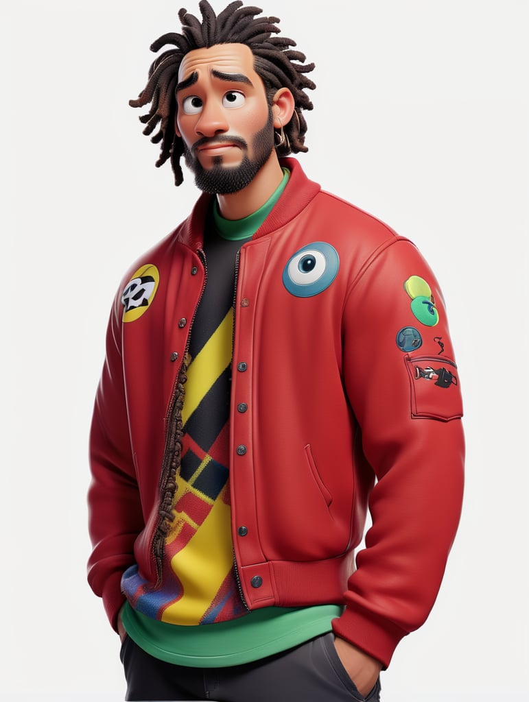 a man with dreadlocks on his head is wearing a colored jersey and a red bomber jacket