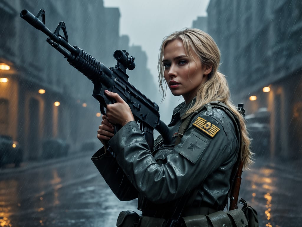 blonde woman with AK-74 gun on her hands big street rainy deserted city in military uniform