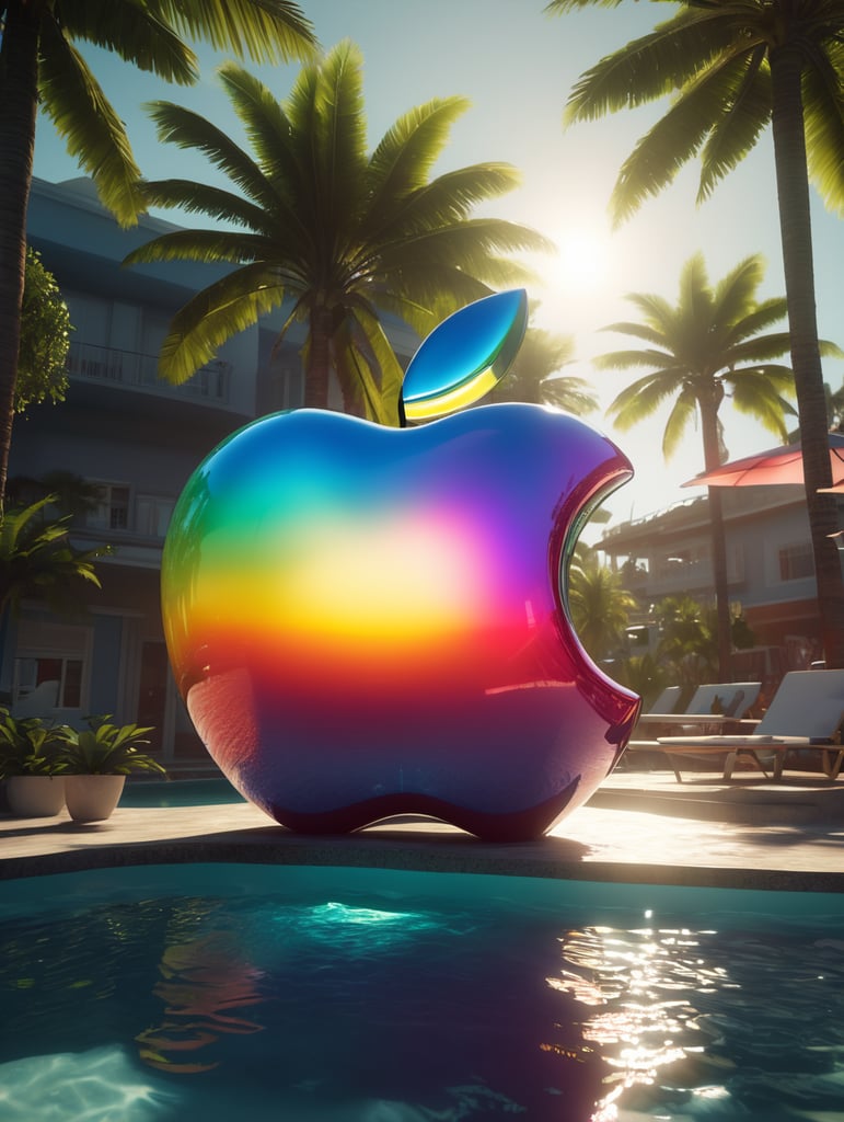 hyper realistic apple imacs as clear plastic pool float with sunlight shining through, neon palette, miami beach, unreal engine, octane render, cinematic lighting, highly detailed miami beach, y2k, bright colors, hyperrealistic, low angle, 16k, 8K UHD, 8K texture, cinematic, rim lighting, neon palette, color theory, dramatic, volumetric lighting, 35 mm, in focus, unreal engine, highly detailed, octane render, ultra high resolution