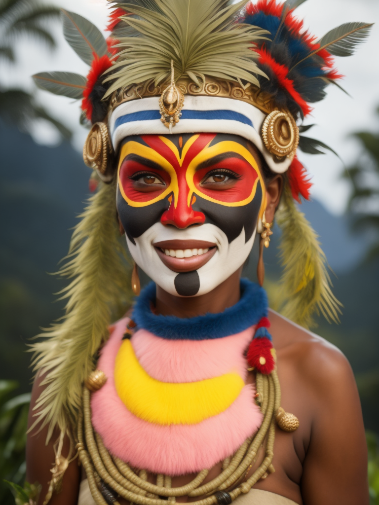 Papua New Guinea woman smiling , feather head dress, Jungle background. vibrant colours, vivid lighting, depth of field, incredibly detailed, face paint