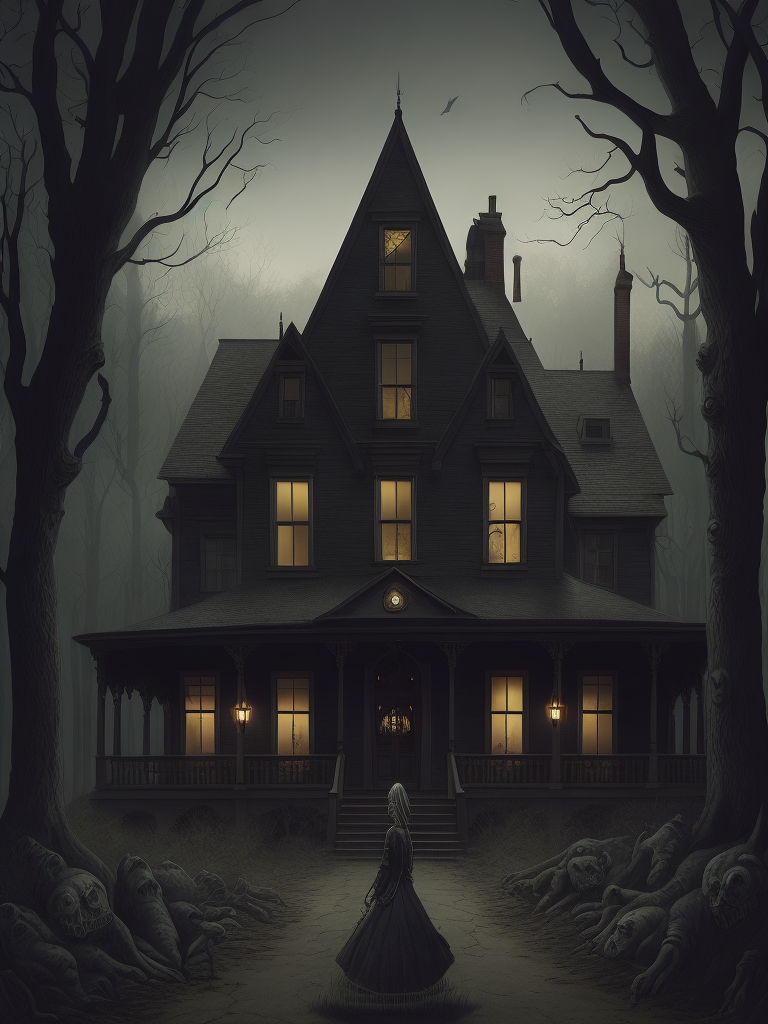 john kenn mortensen style, haunted house full of monsters