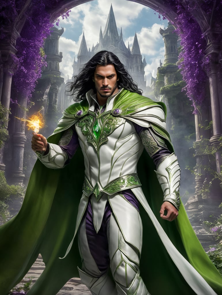 Young Sorcerer with long black hair in white and green leather armor and cloak about to release a blast of purple and green energy from his hand