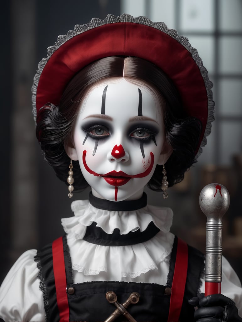 3d gothic porcelain doll as mimes with tears of blood hyper realistic 8k holding a pipe wrench