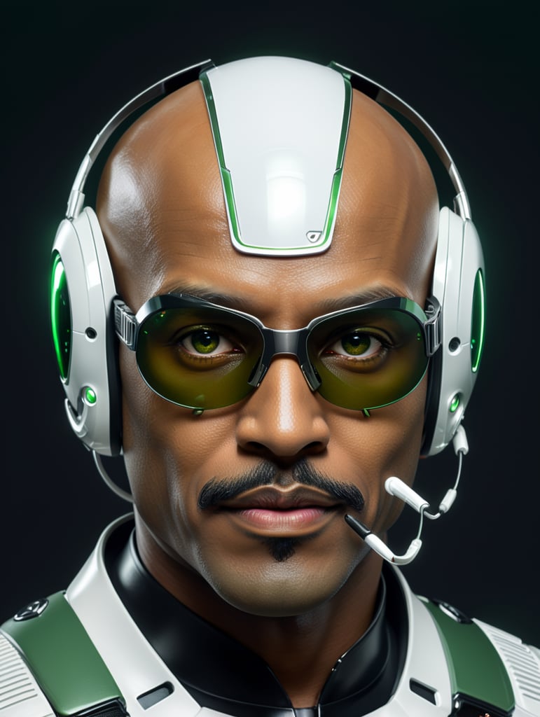 Bald black man, wearing white psvr2 , a gray goatee, black moustache, neutral smile, white and dark green futuristic cloth.