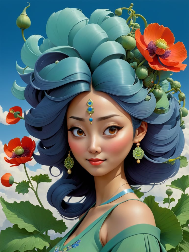 Hiroshi Nagai, ultrafine detailed painting of a woman with a n opium poppy flower in her hair, whimsical, detailed painting