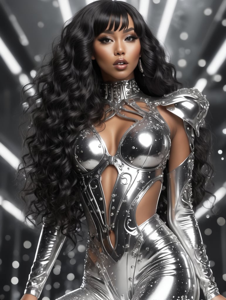 shiny reflective black metal lips with long black curly hair, hair bangs, 3d, silver shiny nails, 3d light silver paint splatters everywhere, brown reflective skin, long eyelashes , cybernetic eyes, latex bodysuit, full body, high heels, hyper realistic, open mouth