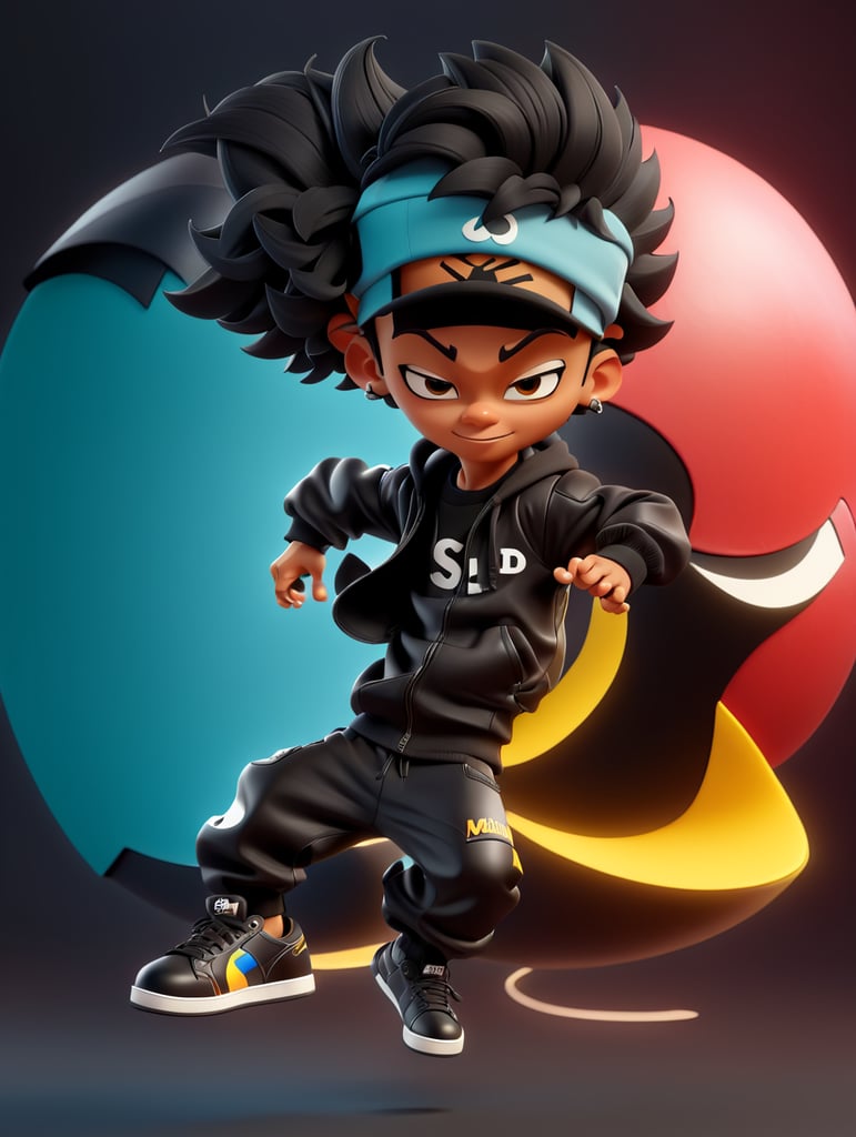 A hip hop breakdancer with leather black tracksuit and sneakers