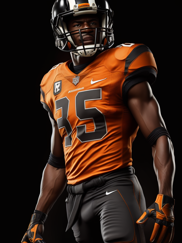 American football player, black and orange colors, black background, dark atmosphere, Depth of field, Incredibly high detailed