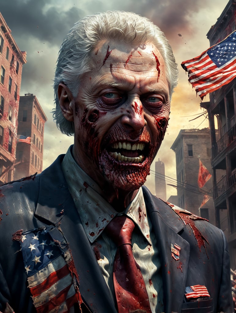 creepy Bill Clinton zombie with distopian creepy american flag background crumbling buildings, vivid and contrasting colors, sinister, blood, detail, evil