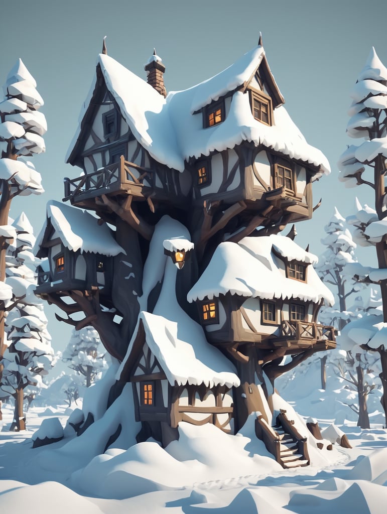 Dwarves' house on a branching tree, a lot of snow, low poly style