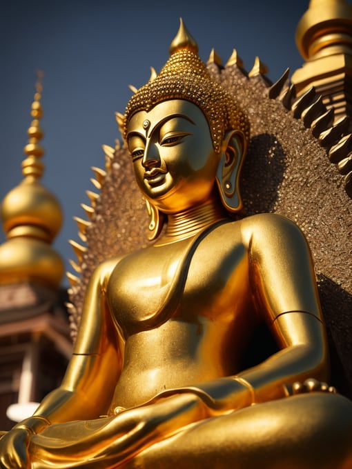 Golden statue of Buddha on the background of the temple decorated with gold, detailed background, highly detailed, sharp focus, Dramatic Lighting, Depth of field, Incredibly high detailed