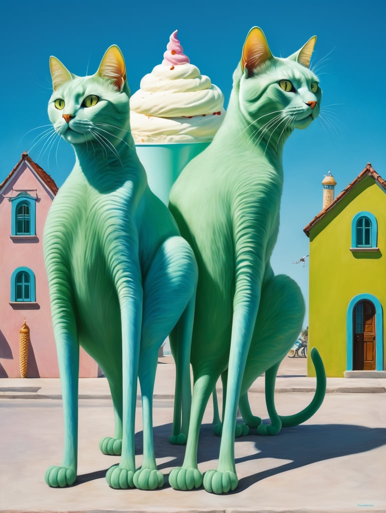 Green cats with very long thin legs. Houses the back of the cats and ice cream cones Painted in the style of Salvador Dali. Blue sky.