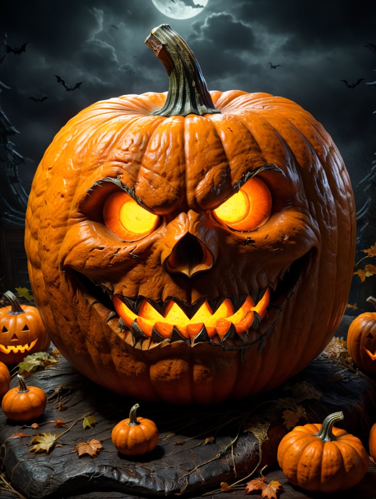 Halloween pumpkin photorealistic illustration, scary, dark
