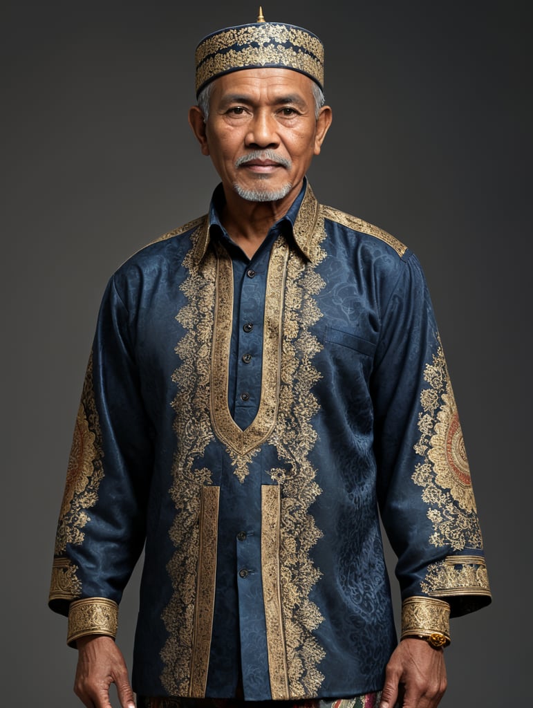 70 year old indonesian Muslim man, wearing songkok, wearing batik shirts , standing with full body