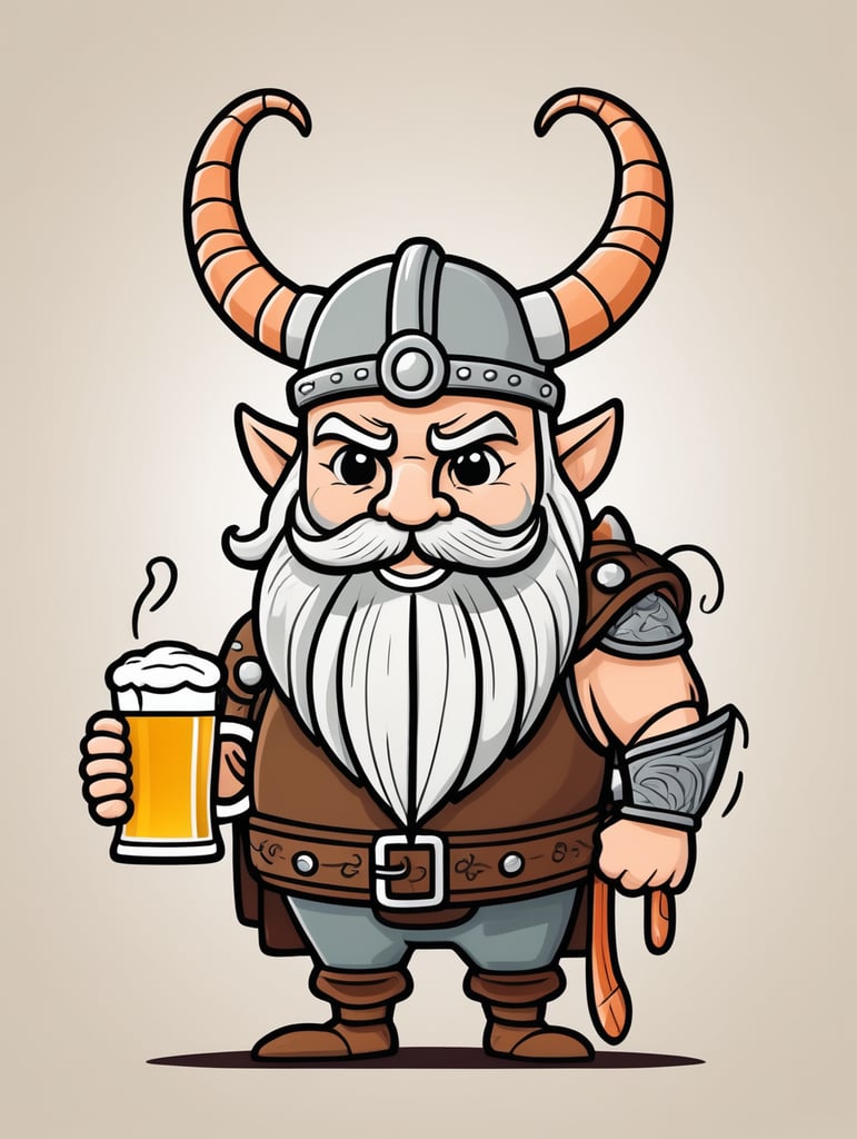 draw a single viking stylistic simple line character with cartoon style holding a shrimp and a mug of beer