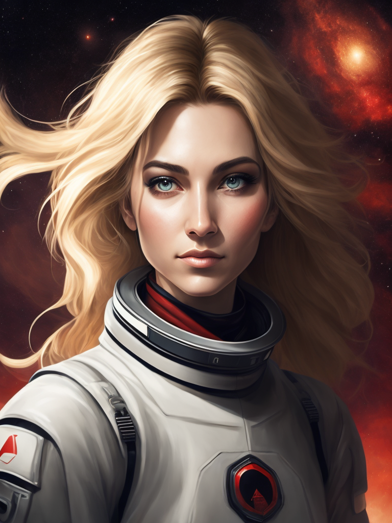 Highly detailed portrait of a hopeful pretty astronaut lady with a wavy blonde hair, by jamini roy, 4k resolution, nier:automata inspired, bravely default inspired, vibrant but dreary but upflifting red, black and white color scheme! space nebula background