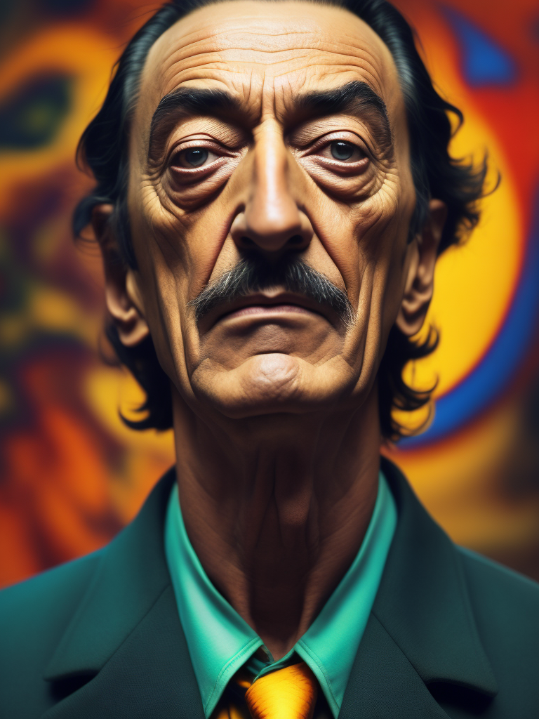 Portrait of Salvador Dali, bright and saturated colors, elegant, highly detailed, vogue, fashion magazine, sharp focus, bright expressive makeup, dramatic lighting, depth of field, incredibly high detailed, blurred background