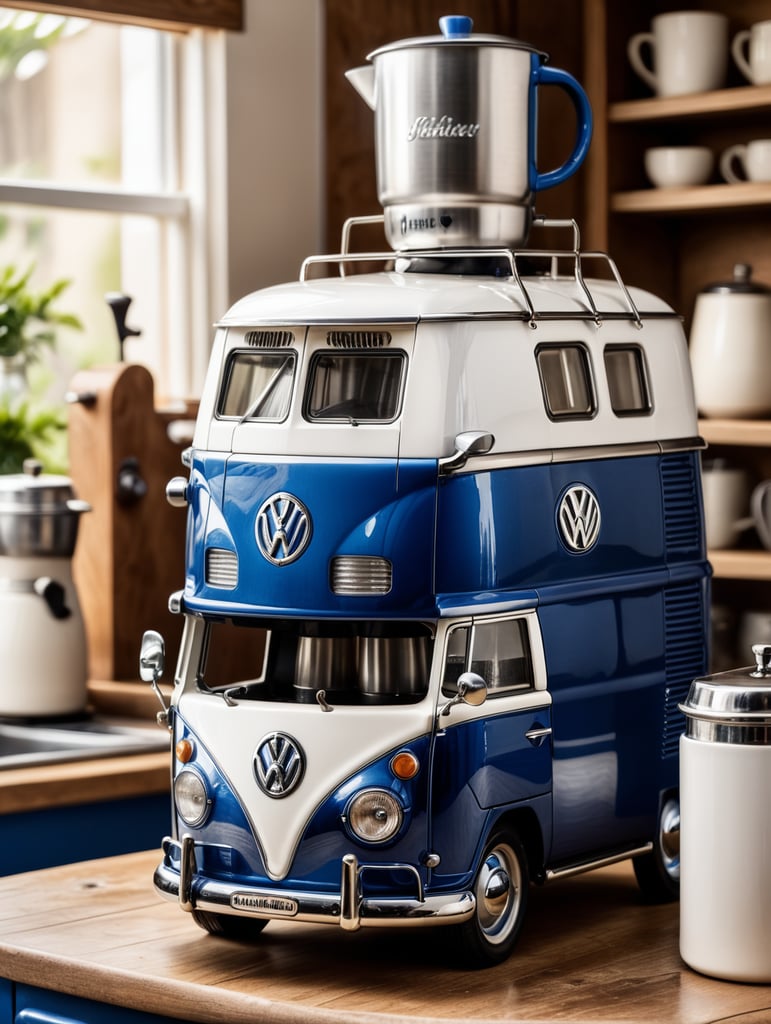 a vintage coffee maker shaped like a blue and white volkswagen kombi, grain grinder on top, coffe mug, kitchen, realistic