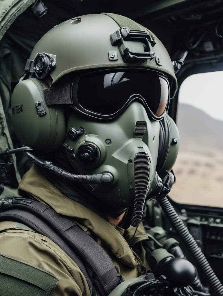 Create a military man sitting in helicopter with helmet on covering his face with mask