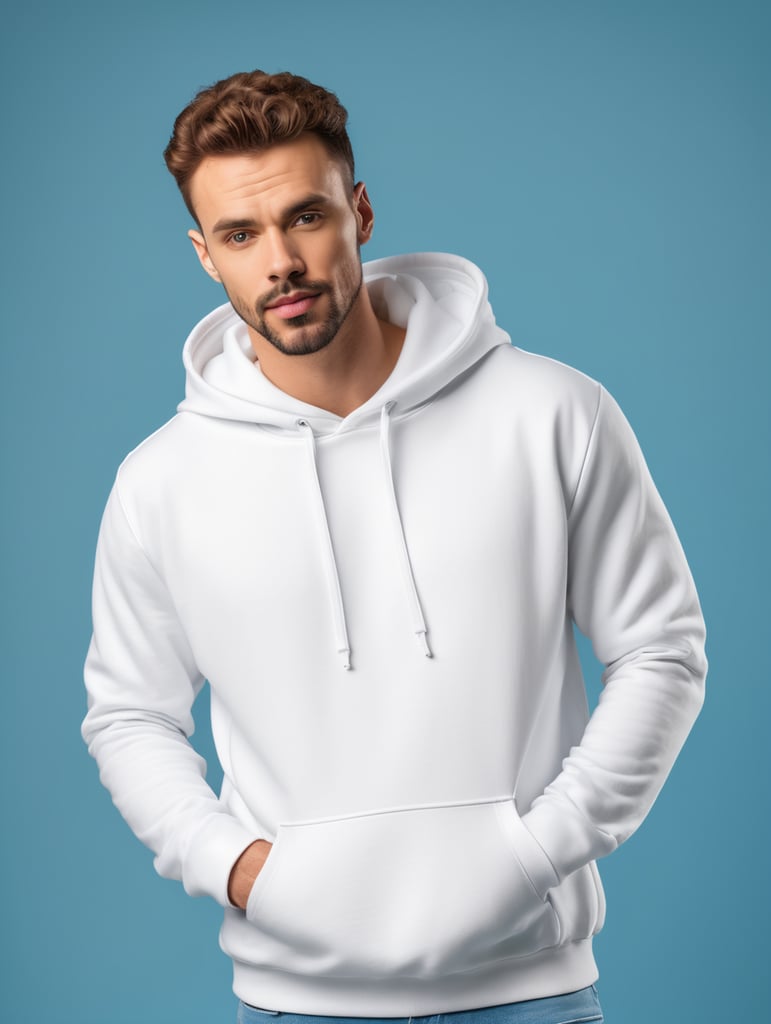 photography of a man wearing blank white hoodie, isolated, blue background, style of James Bidgood, mockup, mock up