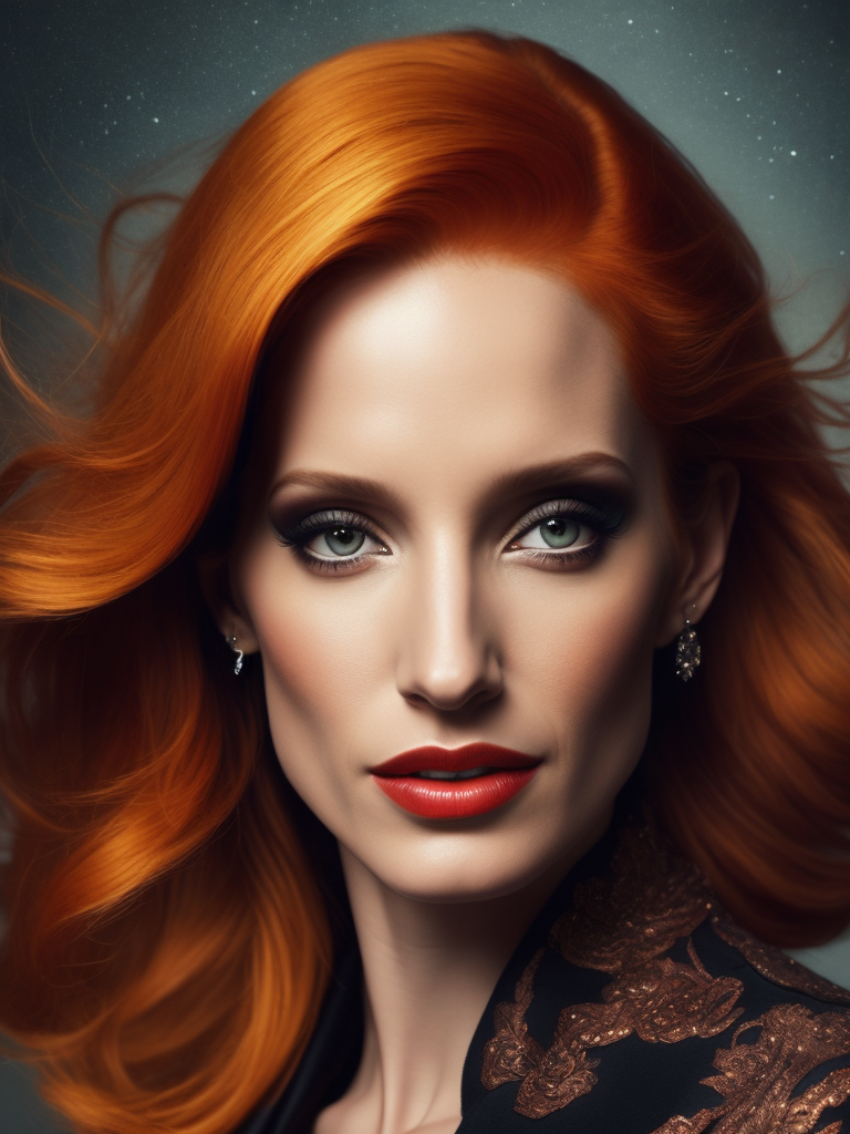 Portrait of Jessica Chastain, bright and saturated colors, elegant, highly detailed, vogue, fashion magazine, sharp focus, bright expressive makeup, dramatic lighting, depth of field, incredibly high detailed, blurred background
