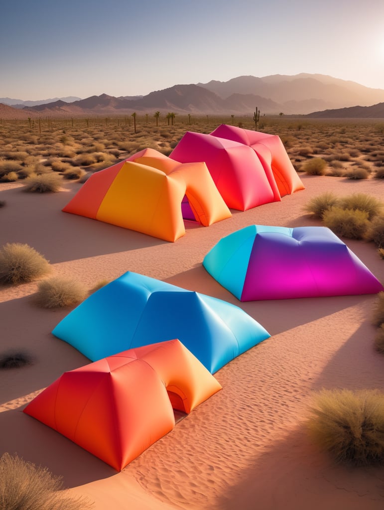 4 prismas inflables en medio del desierto inspirados en la arquitectura de Luis Barragán, con colores vibrantes y degradados.