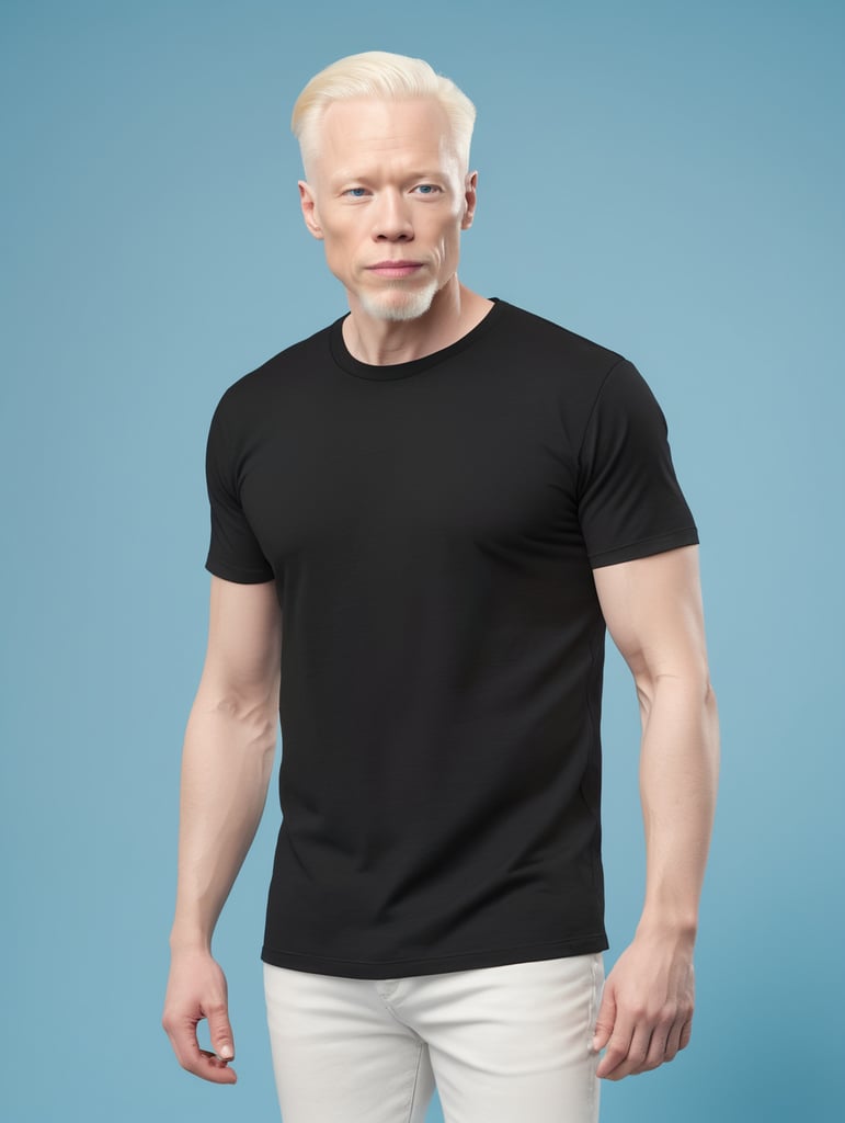 A middle-aged albino man wearing a black T-shirt, isolated, blue background, mockup, mock up