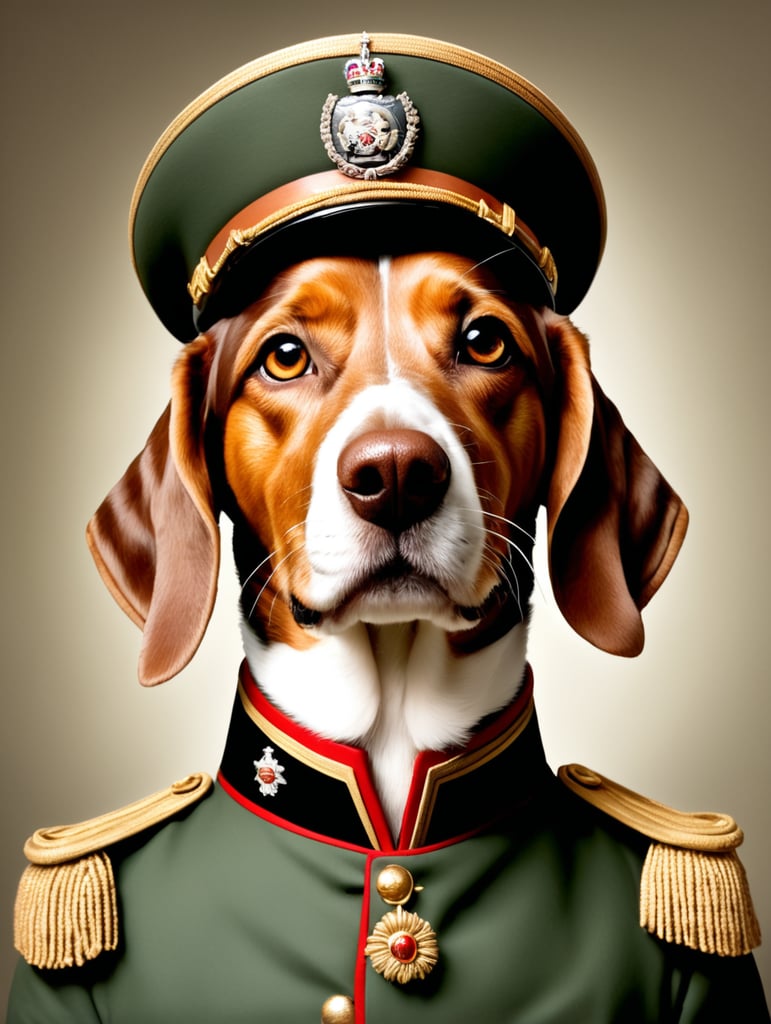 Brown and tan Dashchound in victorian military uniform THIERRY PONCELET style