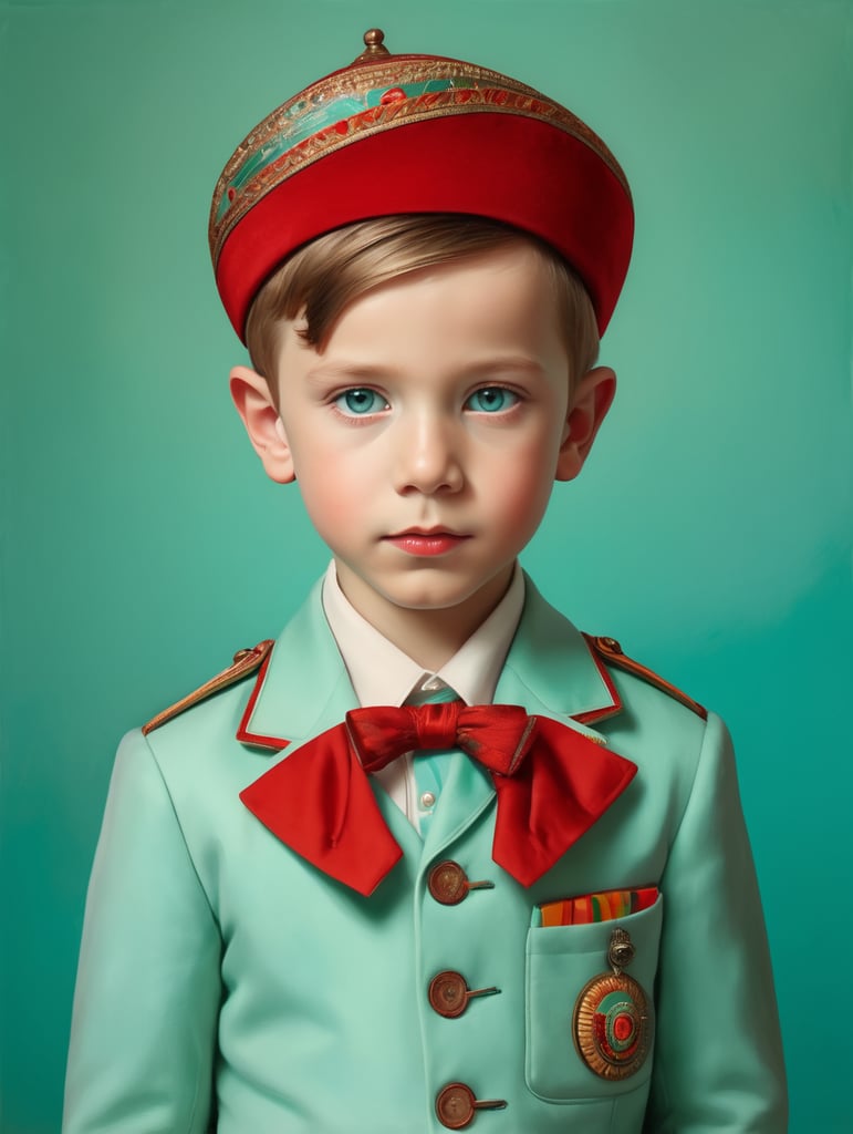 Portrait of child, half lenght, Wes Anderson style, Incredibly high detail, Bright colors, turquoise green and red colors,