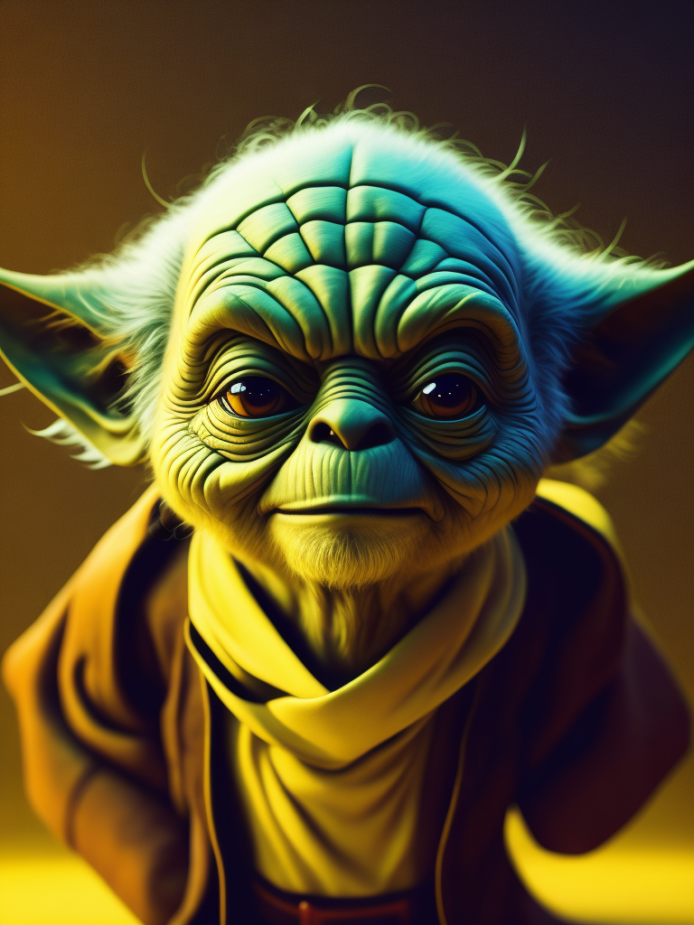 image of a Yoda made of bright colored plastic material, like a toy, bright yellow background, brightly lit, bright and saturated colors, fun, highly detailed, fashion magazine, sharp focus, bright expressive makeup depth of field, incredibly high detailed
