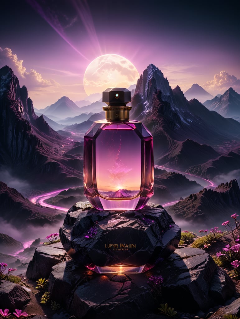 professional photography of a luxury perfume, retrowave landscape, purple neon lights, sun, mountain in the middle, fantasy world look, high dynamic range color, strong highlight, volumetric light, no label, clear, mockup