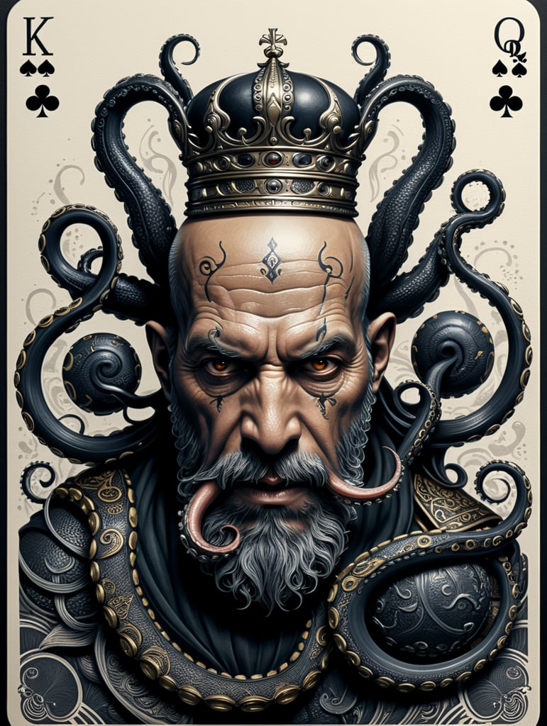 king octopus of clubs playing card, face card, linocut art style, black ink, ultra realism, simple lines, vector