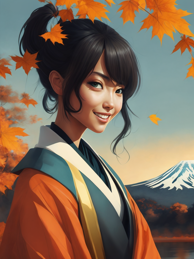 A cute and smiling Japanese girl in a white-gold kimono at sunset, Mount Fuji and autumn trees in the background in the distance. Miyazaki japan cartoon style details. clear, sharp and colorful high-resolution picture.