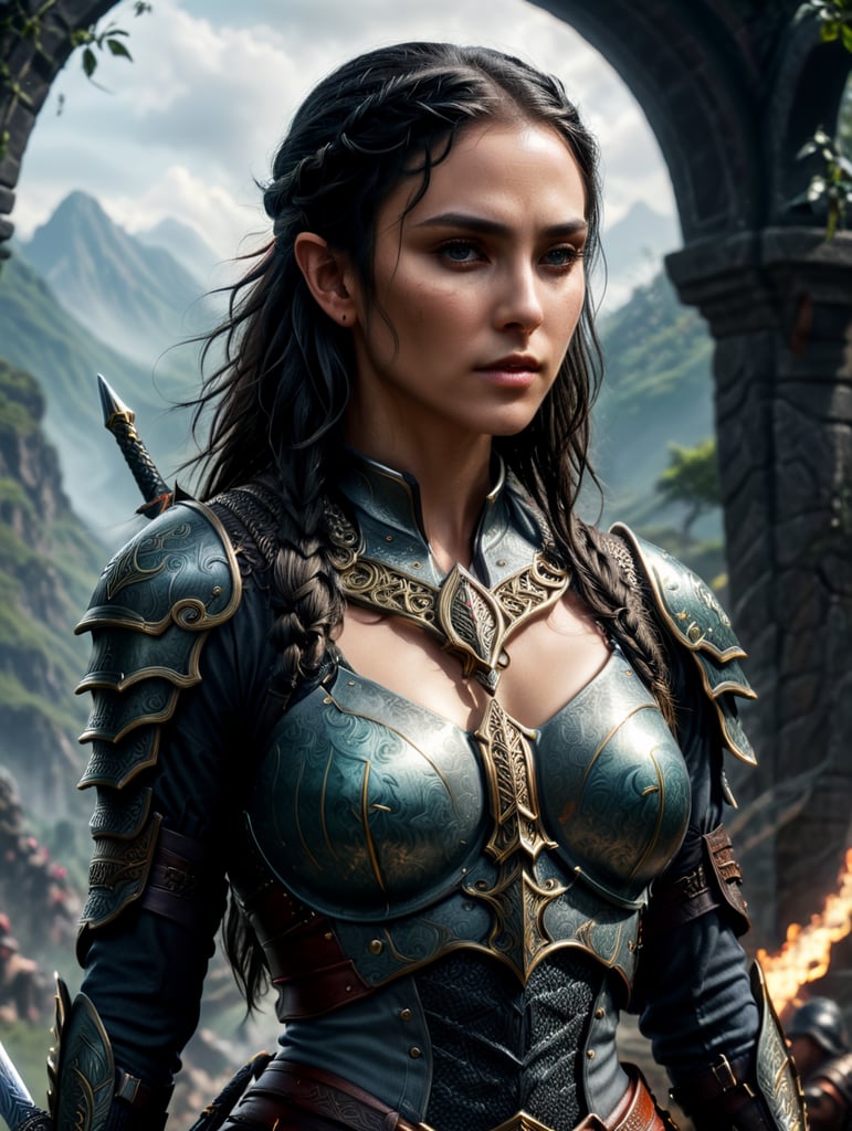 a full body image of a beautiful and rugged female Elf paladin with black braided hair pointed ears wearing mithrel lined slat armor and a longsword holstered on her back