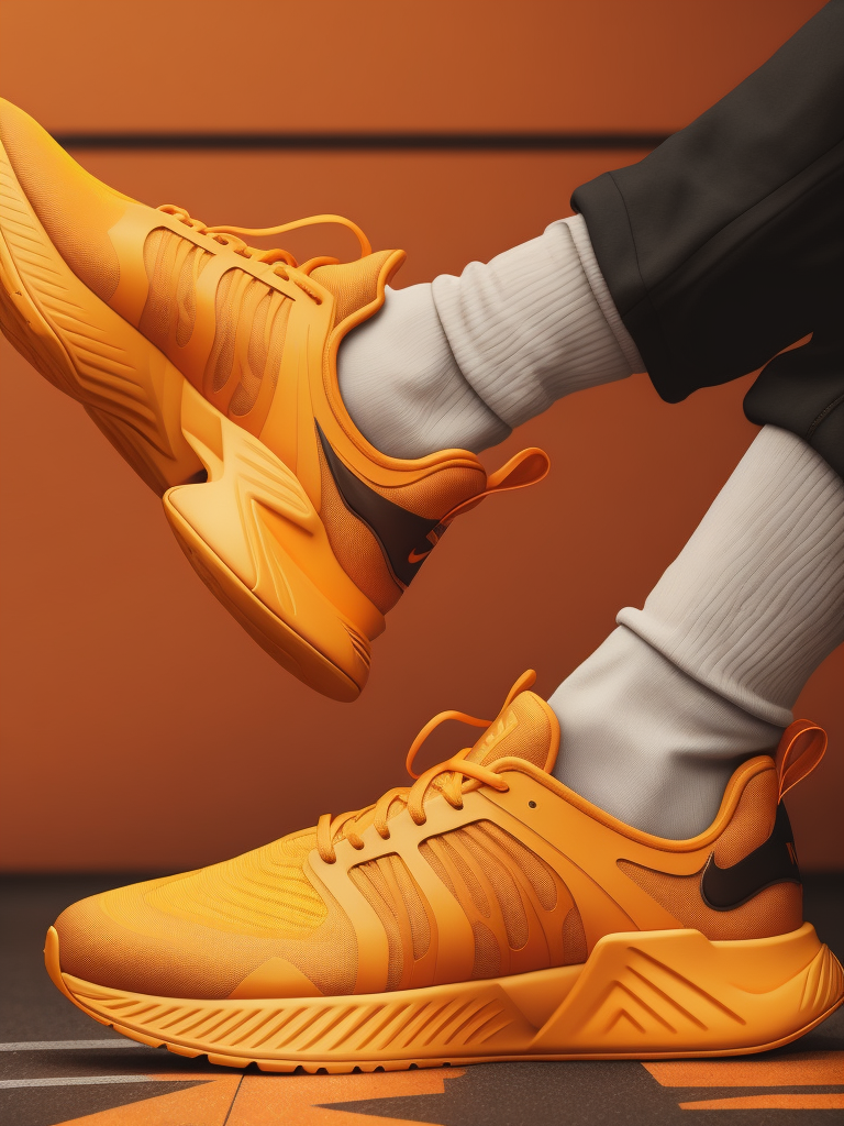 hyper realistic image of nike futuristic sneakers in black and orange colors with metalic details, modern fashion, deep atmosphere, saturation, vibrance, sharp and detailed textures and fabric, dark background