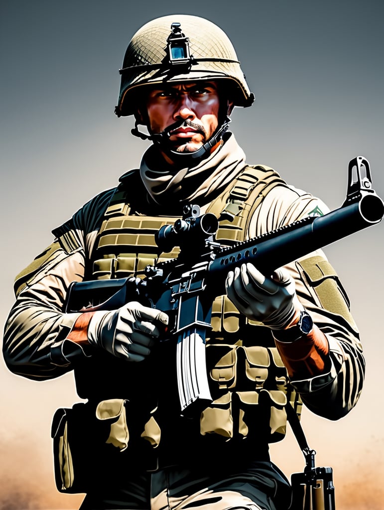 illustration modern solider holding m2 browning