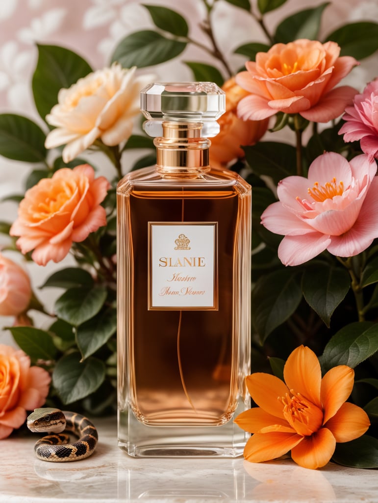 Luxury perfume bottle with blanc label, snake next to the bottle, floral background, pink and orange flowers