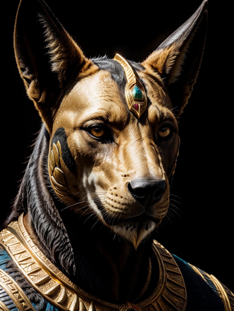 Egyptian god Anubis, portrait, hyper-realistic, dark style, focus on face, sharp on details, black background