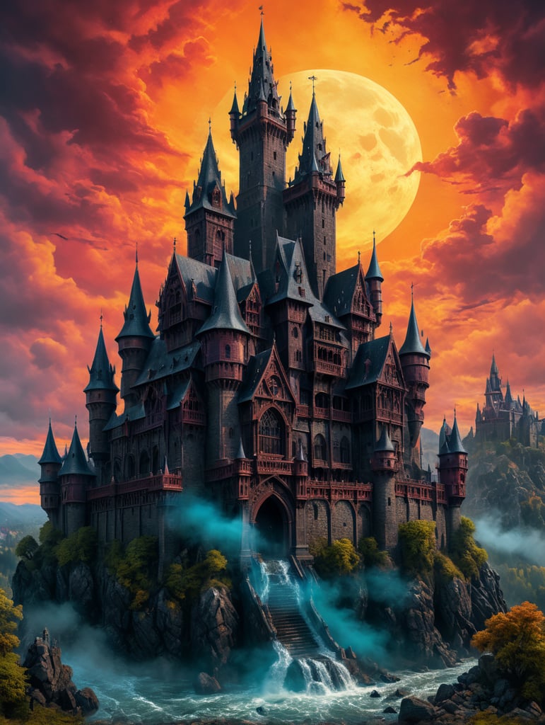 daytime view of a gothic horror castle with vivid colors and a wood press style