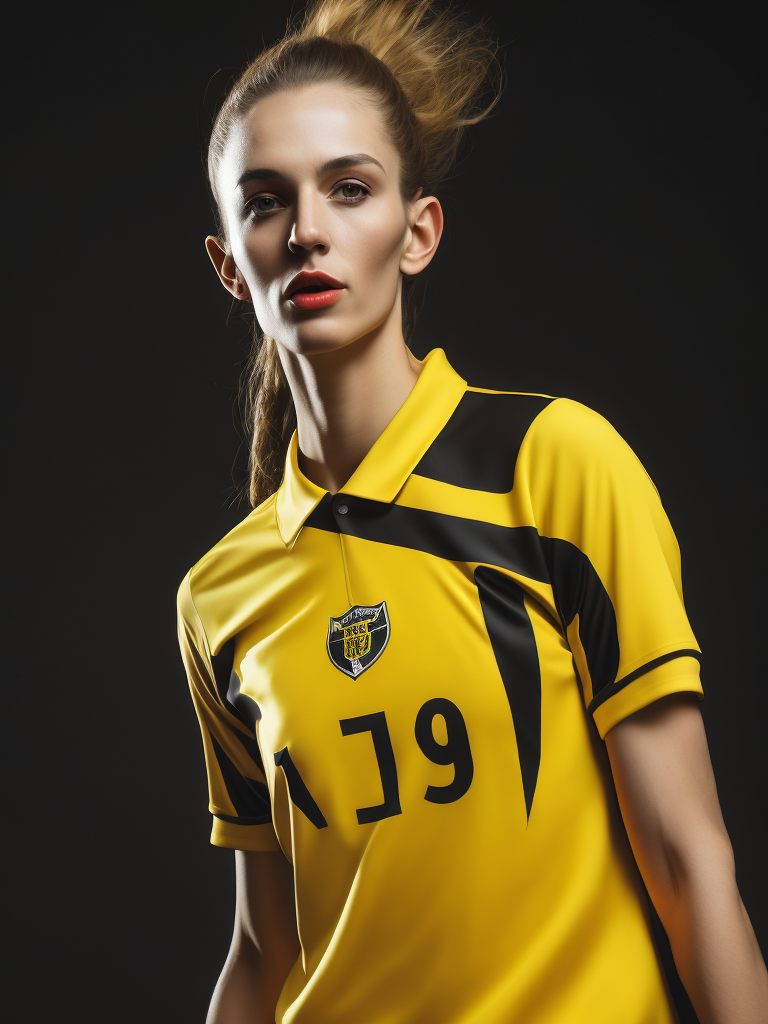 Portrait of soccer english player 1900, yellow and black shirt, whole body, bright and saturated colors, elegant, highly detailed, vogue, fashion magazine, sharp focus, Bright expressive makeup, Dramatic Lighting, Depth of field, Incredibly high detailed, blurred background