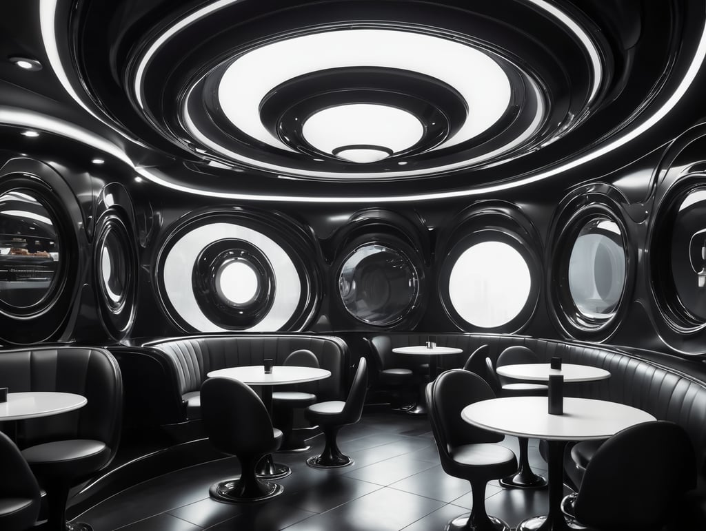 Futuristic interior of UFO cafe. Alien interior, black tones