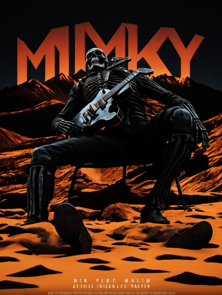 Dead body of a mountaineer playing a guitar. Skeleton, vintage, mountains in the background