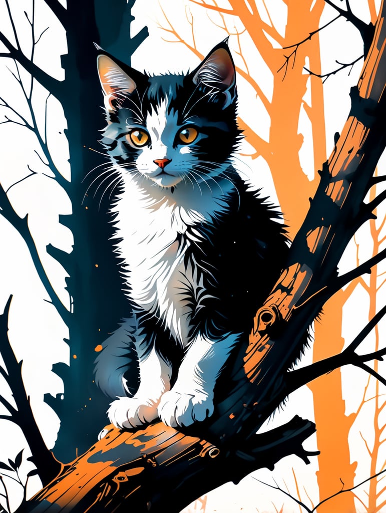 Black and white kitten sitting in a tree looking down