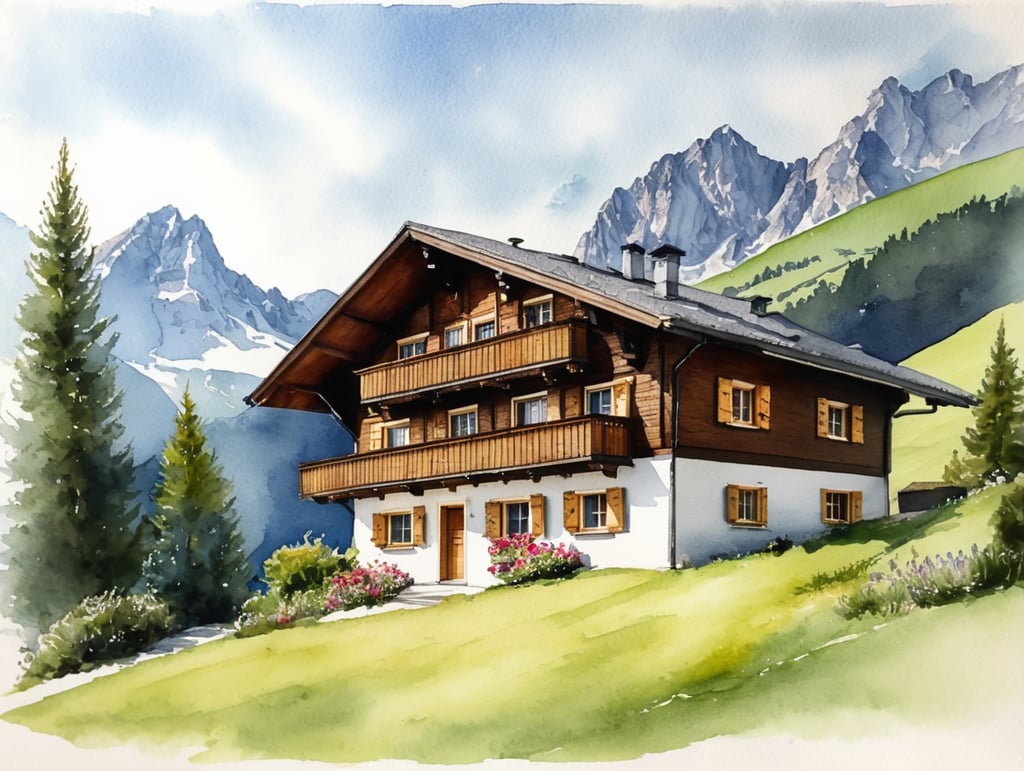 Watercolour sketch of a mountain Austrian chalet