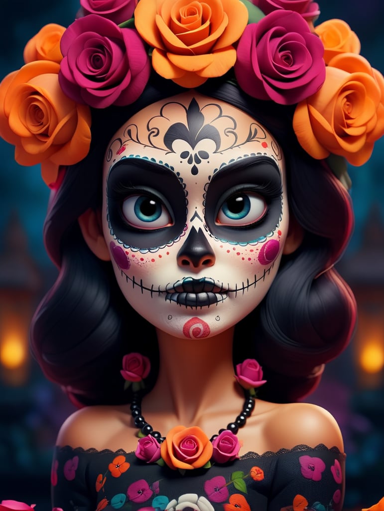 Portrait of Mexican beautiful catrina with roses on head Sugar skull makeup for day of dead in Mexico Dia de los muertos