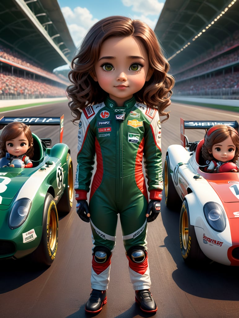 Sweet Chibi girl in the style of Pixar, with 3D animated characters. The title is \'Sofia\' and shows a girl with long curly dark brown hair, brown eyes, dark Green White and Red Racing Suit, F1 Car Background, Speedway, F1, poster