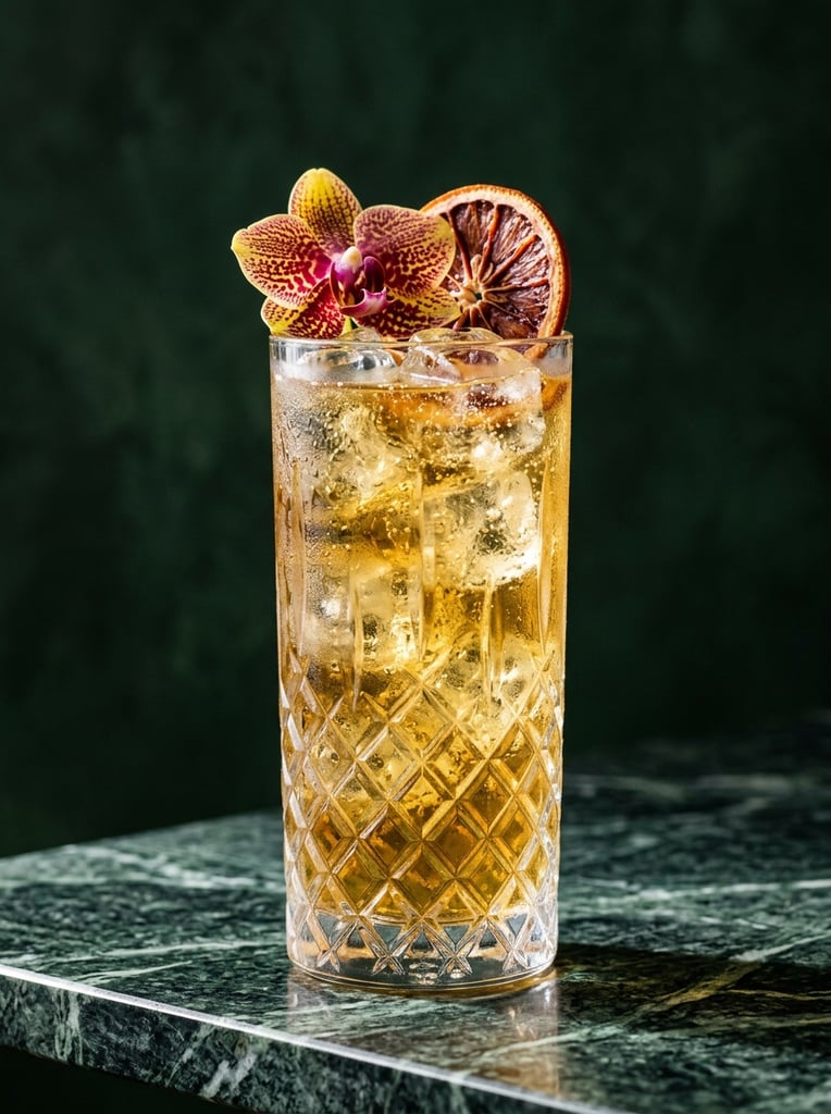 tall highball glass of golden amber cocktail over ice on dark green veined marble, bottom half of glass features diamond-cut crystal pattern, condensation on chilled glass, garnished with burgundy-speckled yellow orchid and dehydrated citrus wheel, dark forest green background, crisp directional lighting, translucent liquid, elegant beverage photography, macro focus