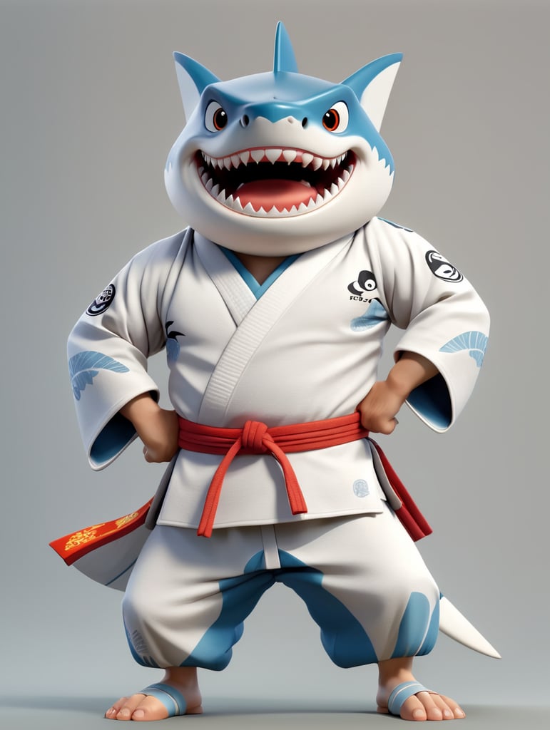 humanoid cartoon shark in judo kimono stay in action pose and angry face