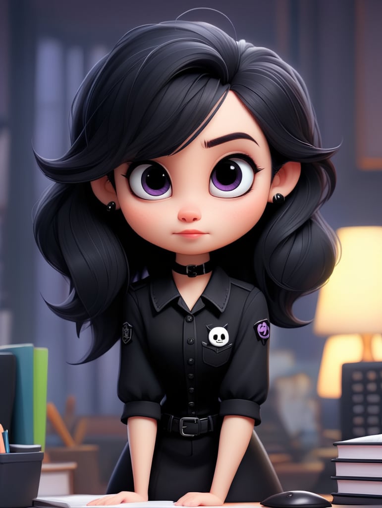 A chibi office bat worker, cute goth clothes