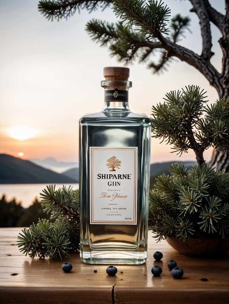 professional photography of a square gin bottle, square bottle, surrounding a juniper and juniper berries, one shot of gin in a front, no label, clear, mockup